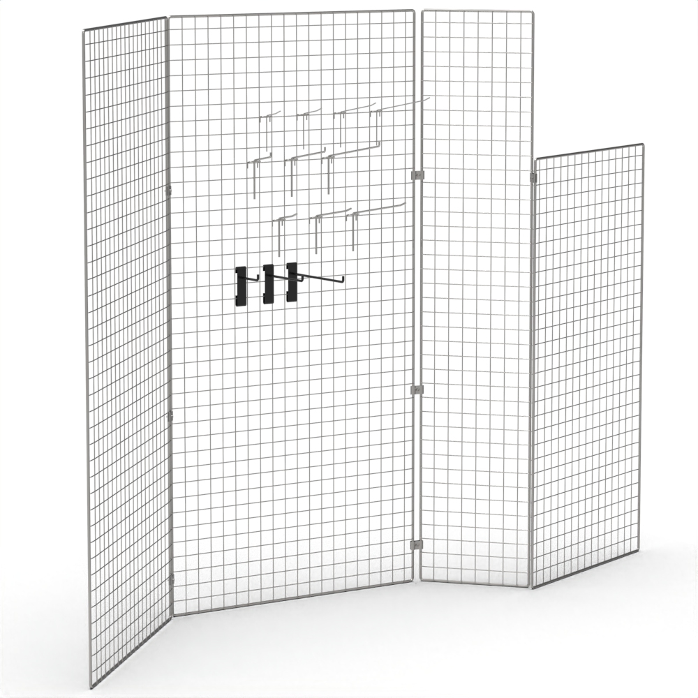 Freistehende Gitterwand im Zickzack aus mehreren Dekogittern